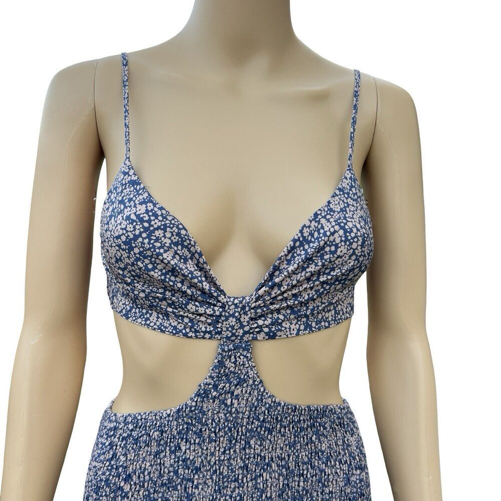 Blush BJ Women Floral V-Neck Spaghetti Strap Dress Summer Cut-Out Blue & Beige - Picture 6 of 11